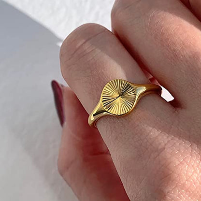 PCY Stainless Steel Round Signet Band Rings for men women Gold Silver Sunshine Pattern High Polished Stackable Hypoallergenic Wedding Cocktail Party Promise Statement Holiday Ring - color: GOLD