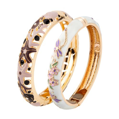 UJOY Cloisonne Bangle Colorful Enamel Filigree Rose Flower Hollowed Crystal Bracelet for Women Gifts 88A09 - color: 2 Pcs Set-A10-Green 2
