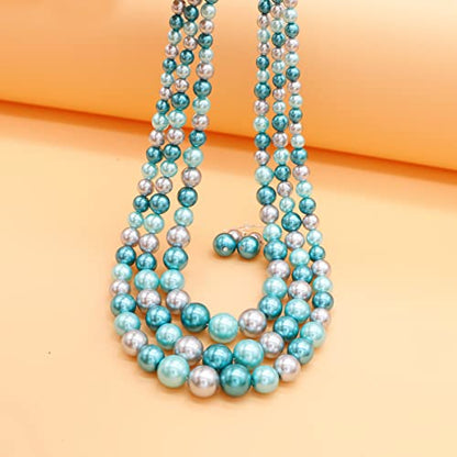 Chunky Layered Imitation Pearl Necklace for Women 3 strand Pearl Necklaces Faux Pearl Necklace Earrings Set 1920s Flapper Gatsby Costume Accessories - color: 3 strand pearl necklace blue grey