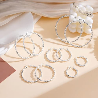 Apsvo Hoop Earrings for Women, 5mm Wide 14K Gold Plated/Silver Hoop Earring Hypoallergenic 925 Sterling Silver Earrings Lightweight Large Earrings for Women - color: Silver Twist-30mm