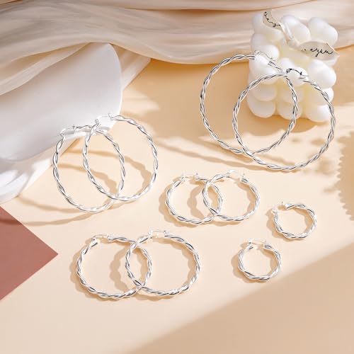 Apsvo Hoop Earrings for Women, 5mm Wide 14K Gold Plated/Silver Hoop Earring Hypoallergenic 925 Sterling Silver Earrings Lightweight Large Earrings for Women - color: silver twist-40mm