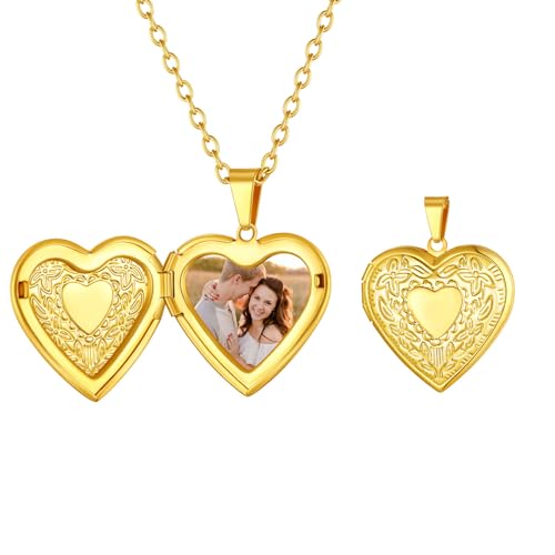 FindChic Locket Necklace for Women Custom Photo Memorial Gifts 4 Colors | Silver/Black/Rose Gold/Gold Plated Personalized for Loved Ones, Birthday Valentine's Day Keepsake - style: 13. Heart Pattern (DIY)-Gold