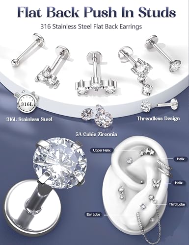 LOLIAS Hypoallergenic Gold Threadless Flat Back Stud Earrings for Women | 20G 18G 16G Surgical Steel Earrings Push in Nose Studs CZ Cartilage Earring Set Labret Helix Tragus Conch Piercing Jewelry - color: Silver, size: 16G(1.2MM)-CZ
