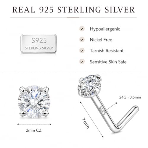 LUCKYJEWUS 925 Sterling Silver Nose Rings Studs for Women Men, 18G / 20G / 22G / 24G L Shaped Nose Stud Nose Piercing Jewelry - size: 2mm CZ, 24 gauge