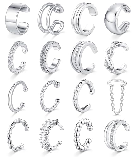 Giovanchi 16Pcs Ear Cuffs Non Piercing Ear Cuff Earrings for Women | 14K Gold Plated Ear Cuff, Adjustable, Non Pierced Ears, Clip on Cartilage Earring Fake Earrings Set - color: A-14K White Gold Plated