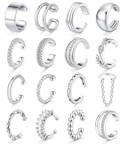 Giovanchi 16Pcs Ear Cuffs Non Piercing Ear Cuff Earrings for Women | 14K Gold Plated Ear Cuff, Adjustable, Non Pierced Ears, Clip on Cartilage Earring Fake Earrings Set - color: A-14K White Gold Plated