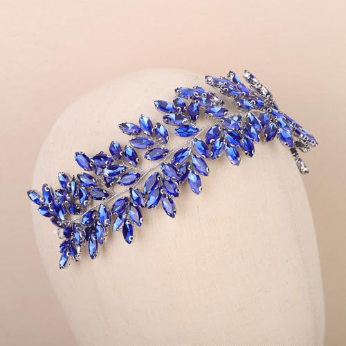 Missgrace Women Silver Green Black Red Blue Handmade Full Crystal Rhinestone Large Headband Hair Vine Shinny Headpiece Bridal Wedding Hair Accessories for Women (Blue) - color: Blue