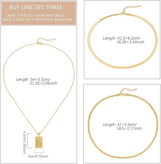 Evabelle Gold Layered Necklace for Women Trendy Jewelry 14K Real Gold Plated Chunky Chain Stackable Necklaces Dainty Choker Necklaces Rectangle Square Pendant - color: Gold Necklace 02
