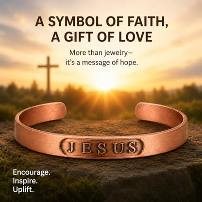 Pure Copper Bracelet for Men & Women, JESUS Engraved Adjustable Open Bangle, Uncoated Hammered Christian Jewelry Gift