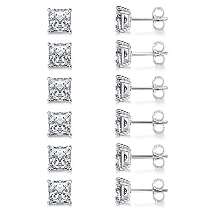Stud Earring Set for Women Men 18K Yellow/White Gold Plated Princess Cut 4 Prong Graduated Square Clear Cubic Zirconia Pakc of 6 Pairs 3-7mm - color: White gold-6mm-6 pairs