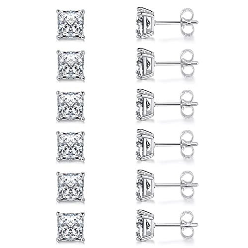 Stud Earring Set for Women Men 18K Yellow/White Gold Plated Princess Cut 4 Prong Graduated Square Clear Cubic Zirconia Pakc of 6 Pairs 3-7mm - color: White gold-6mm-6 pairs