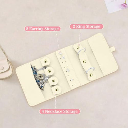 Travel Jewellery Organizer, Foldable Roll-Up Jewelry Travel Pouch, Portable Small Jewelry Travel Case for Necklaces Rings Earrings (Beige) - color: Beige
