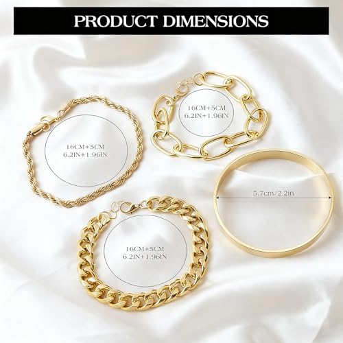 Gold Bracelets for Women, 5 Pcs Non-Tarnish Gold Plated Stackable Bangles with Beaded, Knot, Twisted, Cuff & Chain Designs, Everyday Jewelry Gifts - color: Gold-4pcs
