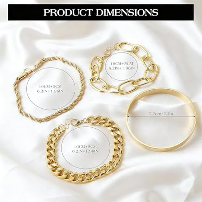 Gold Bracelets for Women, 5 Pcs Non-Tarnish Gold Plated Stackable Bangles with Beaded, Knot, Twisted, Cuff & Chain Designs, Everyday Jewelry Gifts - color: Gold-4pcs