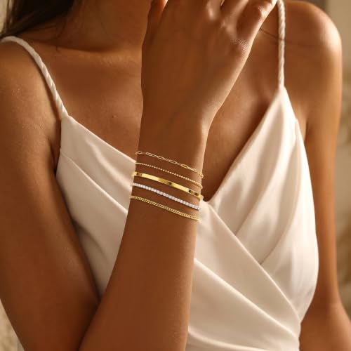 Dainty Gold Bracelet for Women Trendy Non Tarnish, Thin Bracelets Stackable Set with Bangle Cuff, Box, Herringbone, Paperclip, Figaro, Sparkling Link Chains Waterproof, Simple Jewelry Gifts for Women - color: Gold-tennis/cuban/bangle/paperclip/Beaded