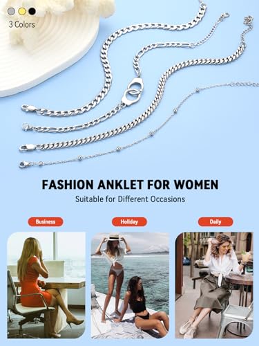 FaithHeart Waterproof Ankle Bracelets for Women, 1/2/3Pcs Non Tarnish Stainless Steel Layered Anklet Set Paperclip Figaro Cuban Link Chain Dainty Summer Beach Jewelry Gift Adjustable Size - style: h.Miami Cuban - Silver