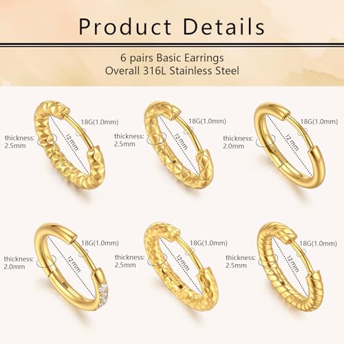 Small Hoop Earrings for Women, Stainless Steel Huggie Hoop earrings, 18G | 2/4/6 Pairs, 6mm/8mm/12mm Small Hoop Earrings, Lobe Helix Conch Tragus Daith Rook Cartilage Piercing Jewelry,Gold Silver - color: Golden-6 pairs Hoop Earrings-12mm