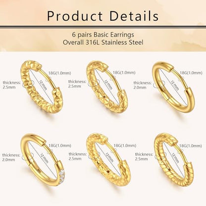 Small Hoop Earrings for Women, Stainless Steel Huggie Hoop earrings, 18G | 2/4/6 Pairs, 6mm/8mm/12mm Small Hoop Earrings, Lobe Helix Conch Tragus Daith Rook Cartilage Piercing Jewelry,Gold Silver - color: Golden-6 pairs Hoop Earrings-12mm