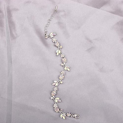 Brides Bridesmaid Flower Leaf Choker Necklace Dangle Earrings Link Bracelet Austrian Crystal Wedding Jewelry Set for Prom Costume Party Accessories for Woman - color: AB-White Platinum Plated