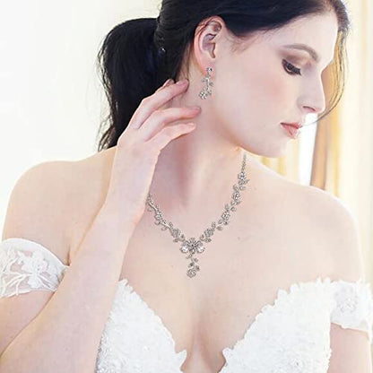 Women's Wedding Jewelry Set for Bride,Prom Bridal Accessories | Bling Crystal,Flower Leaf Cluster,Dangle Earrings Pendant Necklace Set,for Bridesmaid,Party Jewellery - color: 01-Clear Silver-Tone