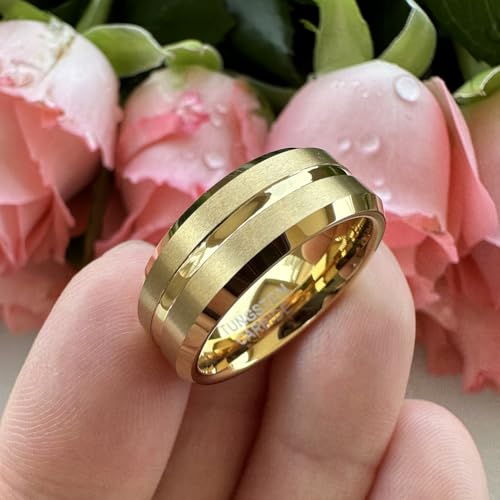 TUTISS 6mm 8mm Silver/Black/Blue/Gunmetal/Gold/Rose Gold Tungsten Rings for Men Women Fashion Engagement Wedding Bands Matte Finish Beveled Edges Comfort Fit - color: 8mm Gold Tungsten