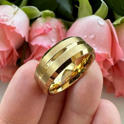 TUTISS 6mm 8mm Silver/Black/Blue/Gunmetal/Gold/Rose Gold Tungsten Rings for Men Women Fashion Engagement Wedding Bands Matte Finish Beveled Edges Comfort Fit - color: 8mm Gold Tungsten