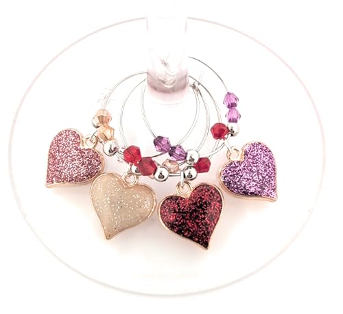 Pixie Heart Wine Glass Charms, 4 Piece Set – Heart-Shaped Stemware Drink Markers, Wedding Party Favors & Wine Lover Gift