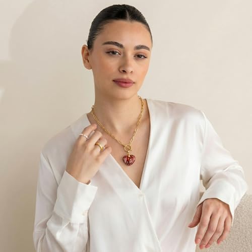 Puff Heart Healing Stone Necklace for Women, 14K Gold Plated Choker Paperclip Stainless Steel Chain, Colorful Natural Stone Boho Necklace Jewelry Gift for Women - color: Red Stone-Gold