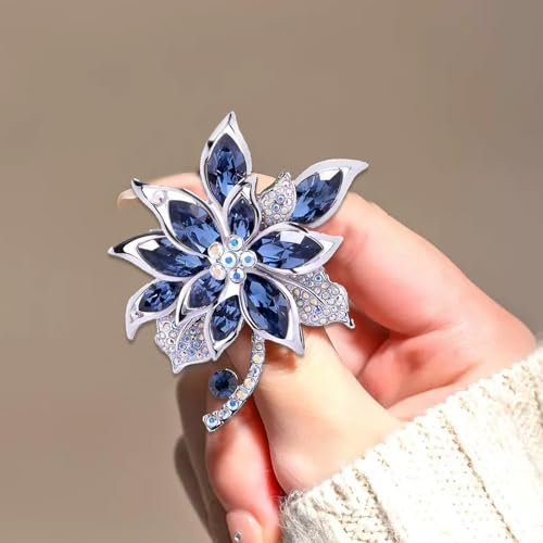 QCWN Large Flower Brooches and Pins for Women Vintage Rhinestone Sunflower Brooch Costume Jewelry Lapel Hat Pins for Wedding Dresses Bouquet Gifts - style: 1Pcs Navy Blue Flower