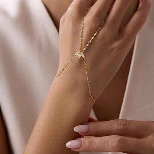 AceFun 1PC Gold Hand Chain Bracelet for Women Rhinestones Crown Pearls Beads Finger Ring Bracelets Trendy Dainty Simple Waterproof Bracelet Fashion Body Jewelry for Ladies - color: Crown