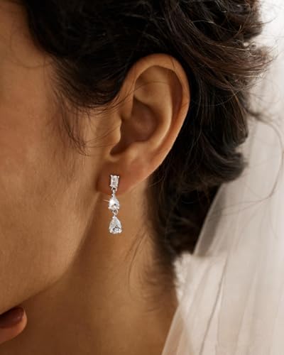 14K Gold Plated/Sterling Silver CZ Pearl Drop Dangle Earrings for Women - color: Silver-3 CZ