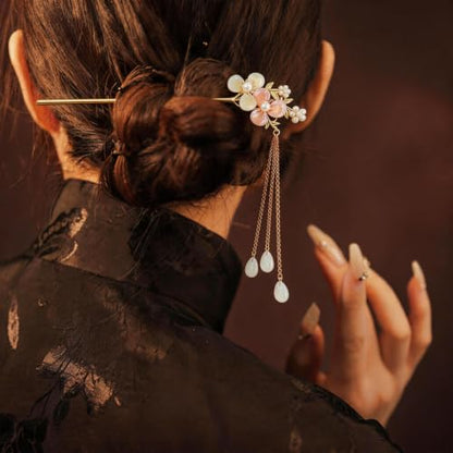 8 Pcs Chinese Hair Sticks Set, Gold and White Japanese Hair Pin (Alloy) | Pearl Tassel Lily of the Valley Metal Flower Hairpins, Asian Traditional Styling Accessories for Women Buns - color: Alloy