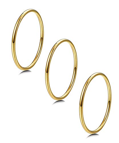 LOYALLOOK 3Pcs 1mm Thin 14K Gold Filled Stackable Rings For Women Non Tarnish Stainless Steel Plain Stacking Knuckle Thumb Pinky Statement Band Midi Rings Comfort Fit Size 3 to 10 - color: gold tone