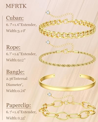 MFRYK Gold/Silver Bracelets For Women,Trendy 14k Gold/Silver Plated lightweight Dainty Chunky Thin Cuban Link Paperclip Chain Tennis Bangle Bracelets Stack Set,Ring Hand Chain Bracelet,Gold Jewelry Gift For Women Fashion Accessories - style: 4Pcs cuff ban