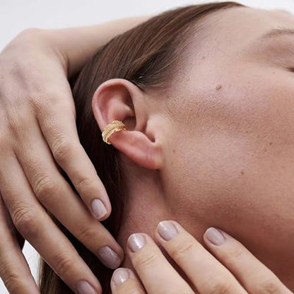 Gold Ear Cuff Earring for Women 14K Gold Plated Cubic Zirconia Non-Pierced Clip on Cartilage Chunky Ear Cuffs Hypoallergenic Jewelry - style: leaf