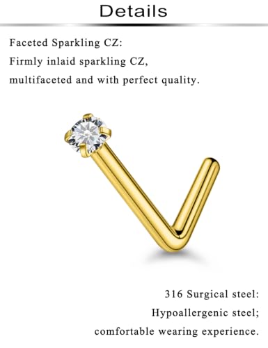 6Pcs Nose Rings Studs Surgical Steel L-Shape Nose Rings for Women 1.5mm Cubic Zirconia Nostril Screw Studs Hypoallergenic Nostril Piercings 24g 22g 20g - color: L-shape,goldtone, size: 20g,1.5mm CZ