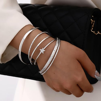 ÌF ME Gold Bangle Bracelets for Women, Indian Bangles Stackable Set, Multi Layer Textured 18K Gold Plated Chunky Bracelets Boho Jewelrys Set - style: silver-star