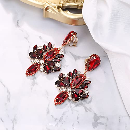 Clip-On Earrings Wedding Stunning Crystal Rhinestone Marquise Teardrop Cluster Dangle Earring for Women Party Prom Accessory - color: Ruby Color Gold-Tone