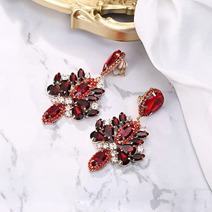 Clip-On Earrings Wedding Stunning Crystal Rhinestone Marquise Teardrop Cluster Dangle Earring for Women Party Prom Accessory - color: Ruby Color Gold-Tone