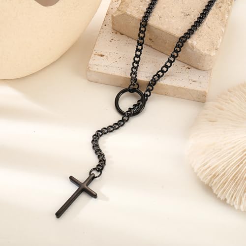 Slip Chain Choker for Women Handmade Black Stainless Steel Cuban Chain Chunky Moon Bat Raven Skull Pendant Gothic Punk Rock Collar Adjustable Lariat Y Necklace for Men - style: gothic Goth