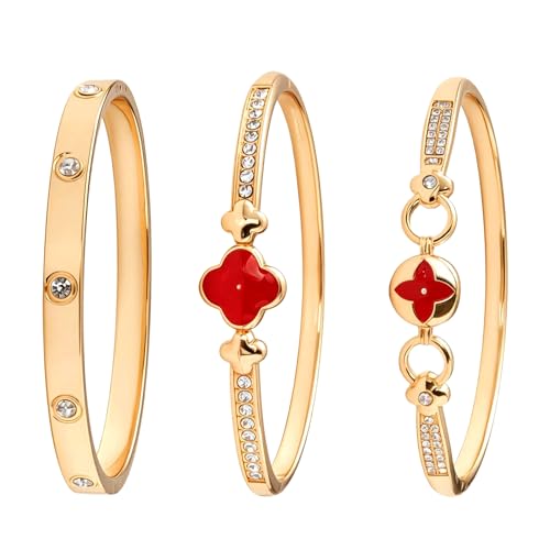 3 Pack Classic Gold Bangle Bracelet Set for Women Stackable Jewelry | 18K Gold Plated AAA Cubic Zirconia Unique Design Fits Most Wrists Simple Styling Long Lasting Luster Waterproof Non Tarnish - color: Classic-02-Red