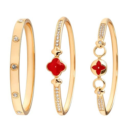 3 Pack Classic Gold Bangle Bracelet Set for Women Stackable Jewelry | 18K Gold Plated AAA Cubic Zirconia Unique Design Fits Most Wrists Simple Styling Long Lasting Luster Waterproof Non Tarnish - color: Classic-02-Red