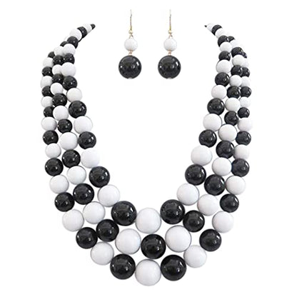 Rosemarie & Jubalee Women's 3 Colorful Multi Strands Simulated Pearl Necklace And Earrings Jewelry Gift Set, 18"+3" Extender - color: Black And White Gold Tone - Double Ball Earring