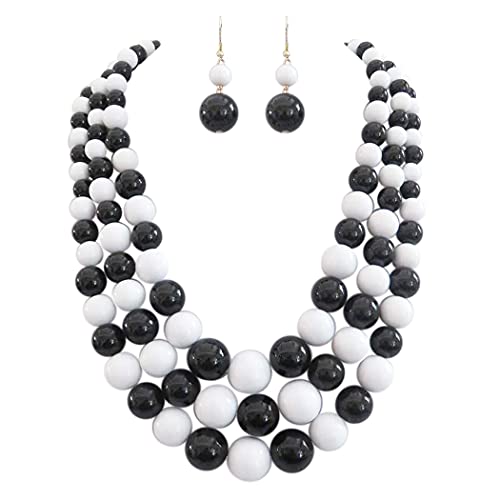 Rosemarie & Jubalee Women's 3 Colorful Multi Strands Simulated Pearl Necklace And Earrings Jewelry Gift Set, 18"+3" Extender - color: Black And White Gold Tone - Double Ball Earring