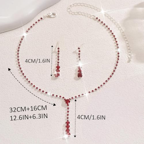 Bride Silver Bridal Necklace Earrings Set Crystal Wedding Jewelry Set Rhinestone Choker Necklace for Women and Brides - color: G Red