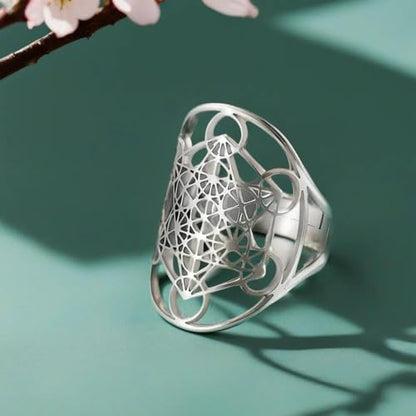 Metatron's Cube Ring Angel Seal Archangel Metatron Cube Protection Statement Hollowed Out Womens Stainless Steel Open Band Ring Jewelry - color: Silver
