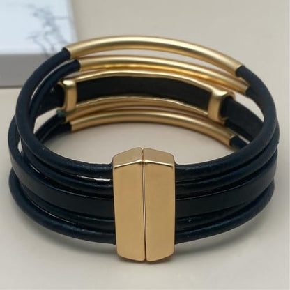 Bracelets for Women Leather Bracelet Multi-Layer Rope Wrap Bangle 14k Gold Plated Cirle Hollow Tube Boho Cuff Bangle Bracelets for Women Gift - style: Tube-Black Leather Bracelet