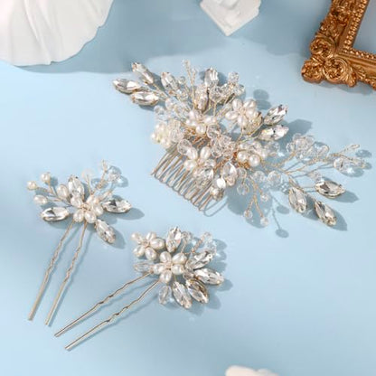 Wedding Hair Accessories Crystal bridal hair pins Rhinestone Pearl hair comb Brides and Bridesmaids, Girls, Women(Gold) - color: Gold