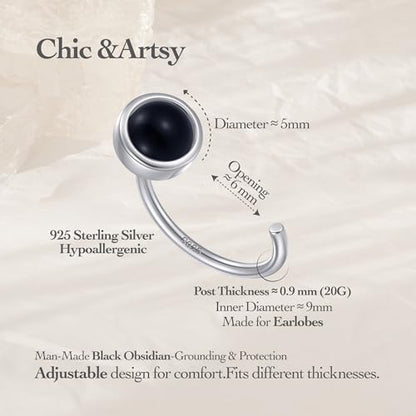 CHIC & ARTSY 925 Sterling Silver Half Hoop Earrings for Women, Dainty Huggie Hoops with Synthetic Opal, Moonstone, CZ & Gemstones, Lightweight Comfort Fit Everyday Elegant Jewelry - color: Synthetic Black Onyx /Silver