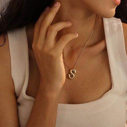 Ewrkbrㅤ Initial Necklaces for Women, 14k Gold Plated Bubble Letter Necklace Chunky Gold Necklace Dainty Charm Initial Necklaces for Women Trendy Custom Preppy Stocking Stuff Necklace Christmas Gifts - color: Gold, style: S